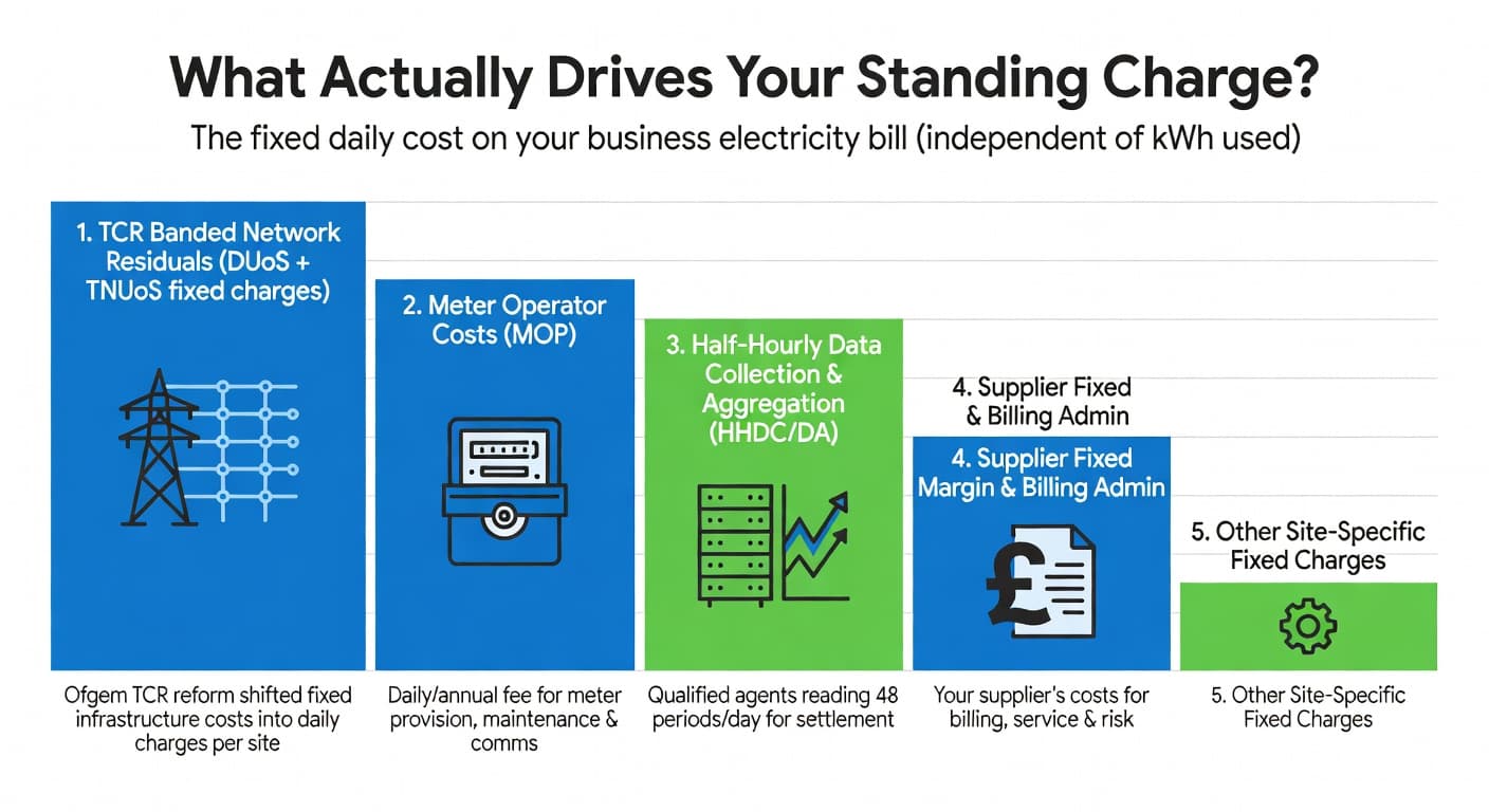 Infographic explaining what drives business electricity standing charges in the UK
