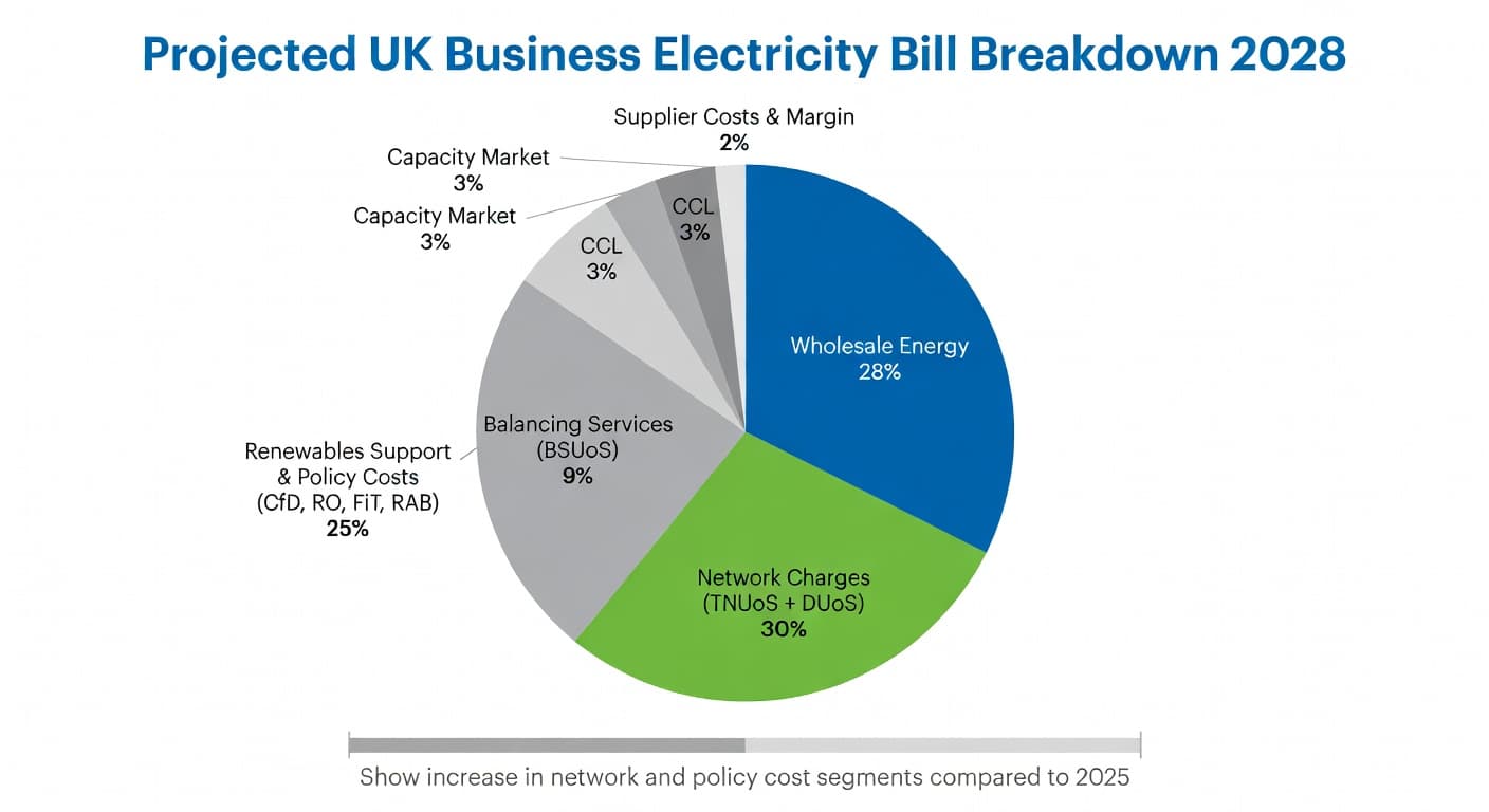 Projected pie chart for 2028 UK business electricity bill breakdown showing higher share for network charges and policy costs